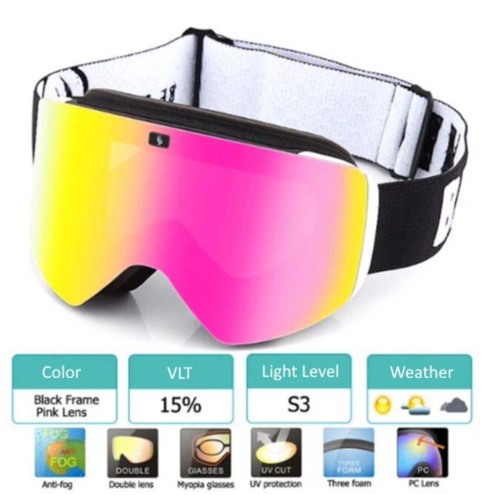 Black with Pink Full View Snowboard Goggles (Swappable Lenses)